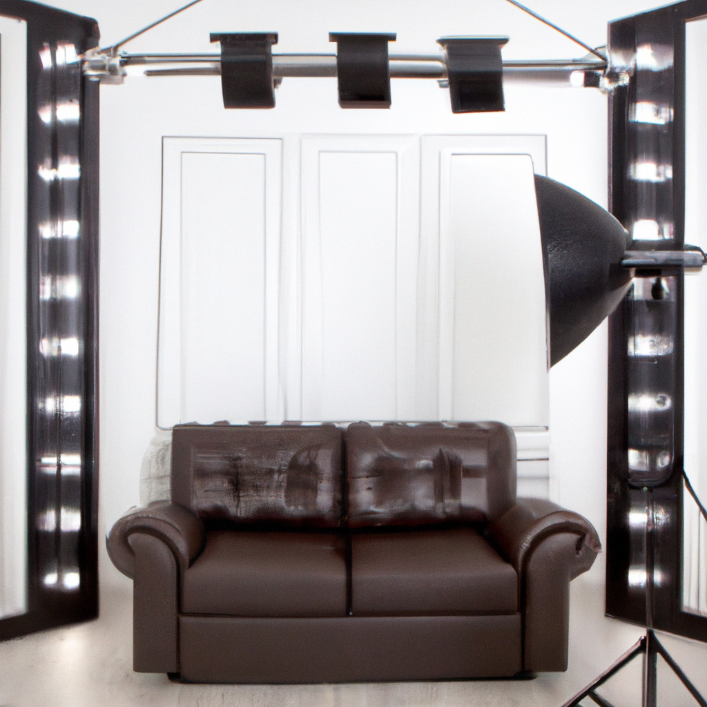 Estudio de fotografía con softbox, trípode y cámara en un interior moderno y minimalista